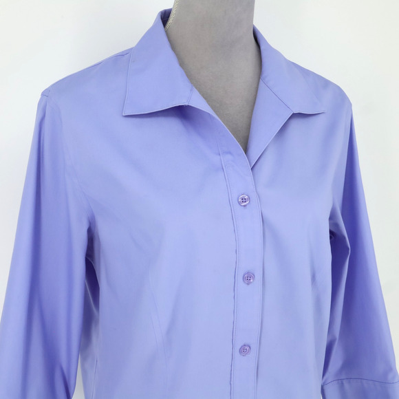 Chicos Top 2 Womens Large 12 Blue Cotton Blouse No Iron Button Up Office Career - Picture 6 of 13